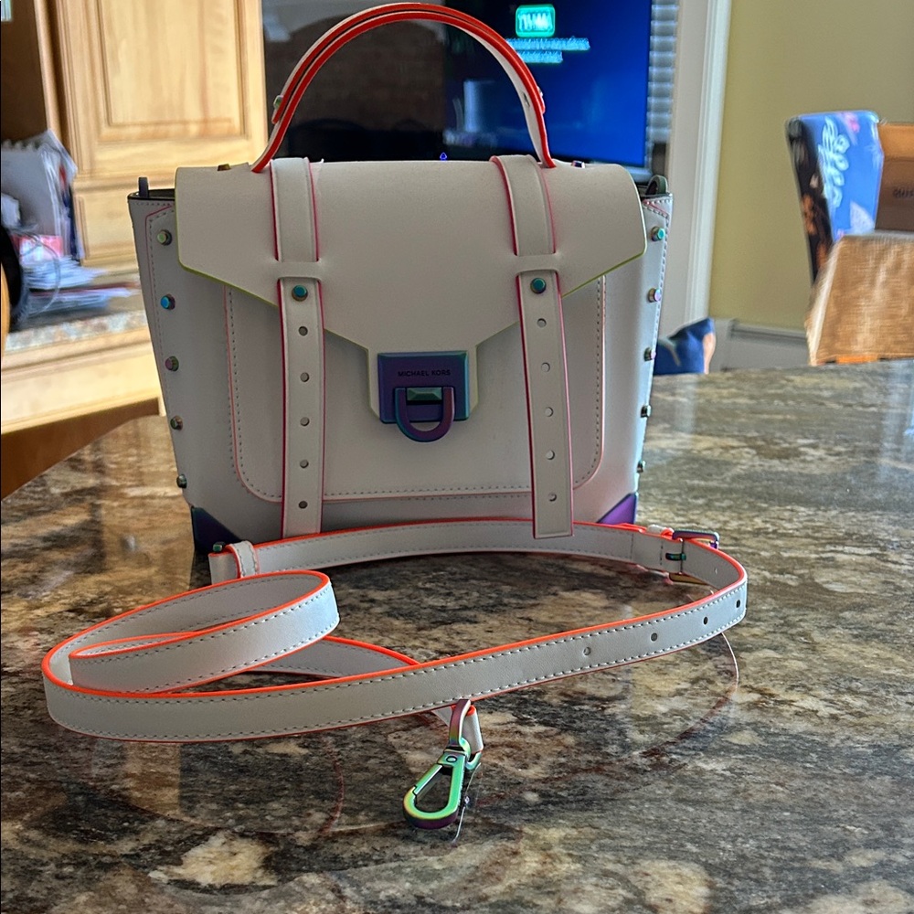 Michael Kors White and Neon Accented Crossbody Bag